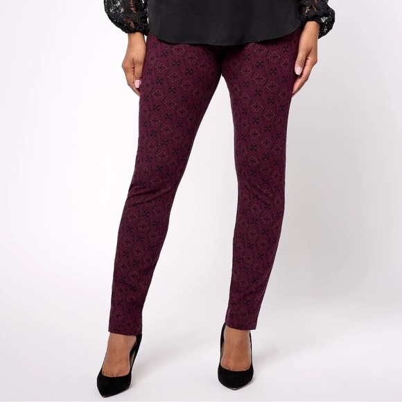 New Weekend by Susan Graver Ava Slim Leg Burgundy Geometric Print Pants Sze M - Picture 1 of 13